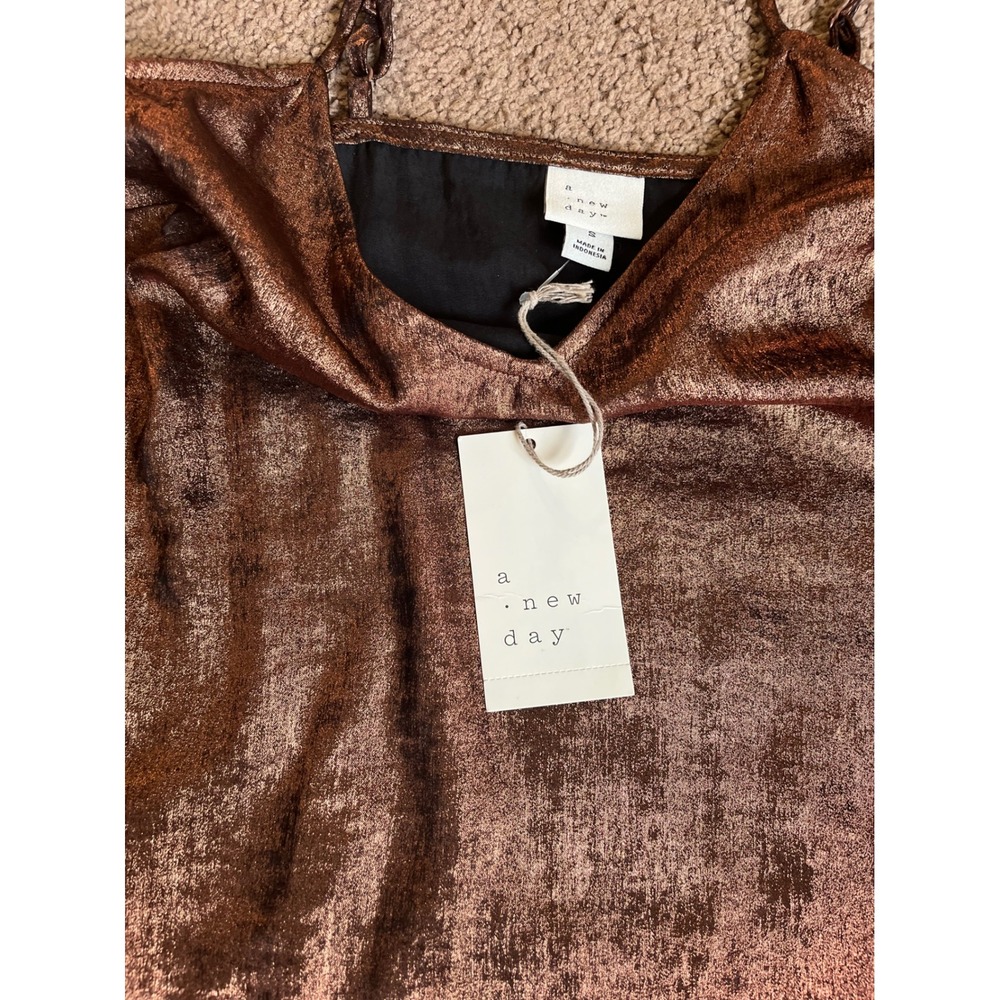 A New Day Women Copper Metallic Slip Dress V-Neck Mini Spaghetti Strap S NEW - Picture 4 of 10